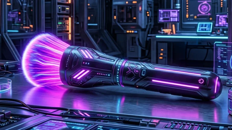 futuristic bright neon makeup brush lying horizontally